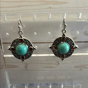 Othr Silver and Blue Dangle Earrings with Ornate Design